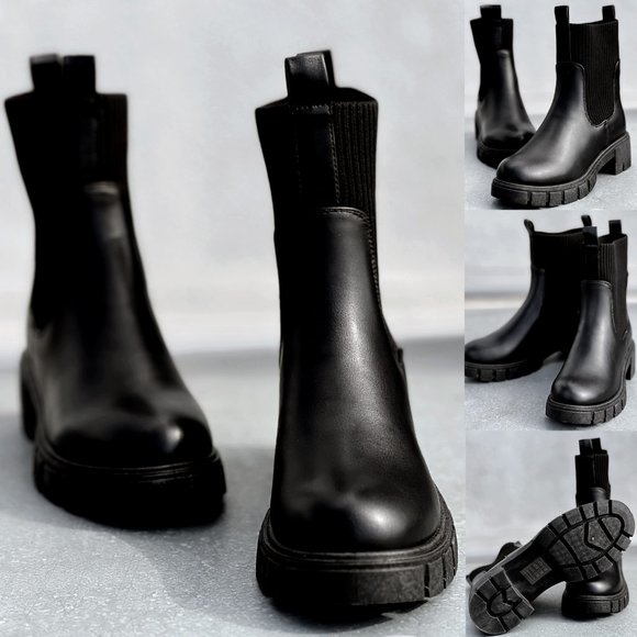 NEW Black Chunky Lug Sole Platform Elastic Cute Ankle Sock Boots Chelsea Bootie - Picture 10 of 12